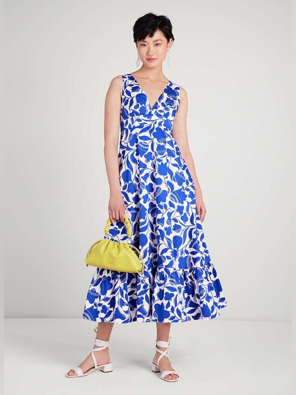 Kate Spade White & Blue Zigzag Floral Sleeveless V-Neck Midi Dress